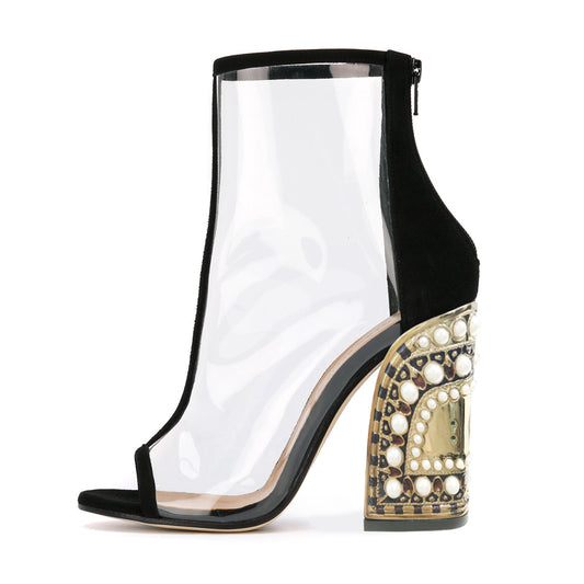 Black Transparent PVC Peep Toe Booties Decorated Pearl Ankle Boots