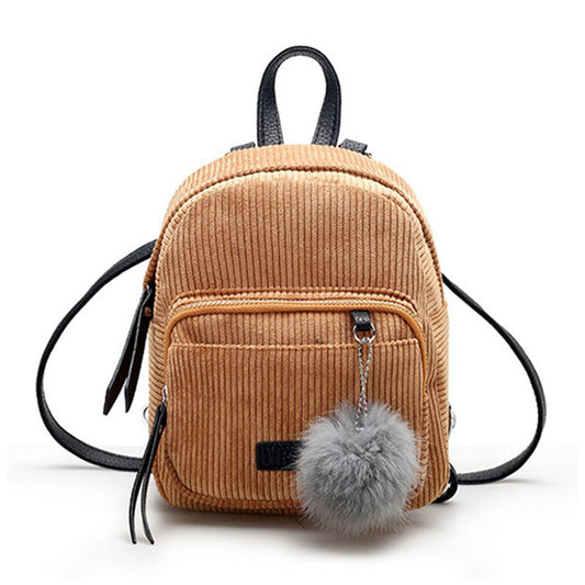 Cute Fashion Mini All-matched Big Fluffy Ball Pendant Pockets Canvas Backpacks For Young Girl