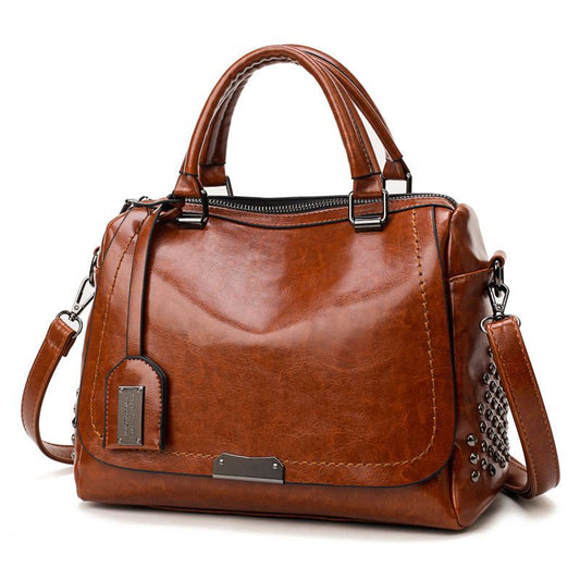 Vintage Pattern Women Waxed PU Leather Boston Bag