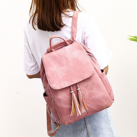 2pcs/set Fashion Pure Color All-Match Tassel Backpack Handbag