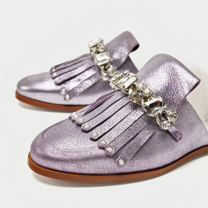 Violet Glitter Flats Fringe Crystal Furry Mule Loafers for Women