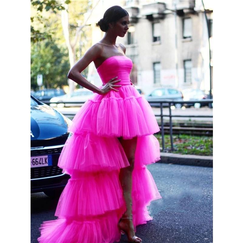 PM032,Hot pink tulle prom dresses strapless high low evening formal dress