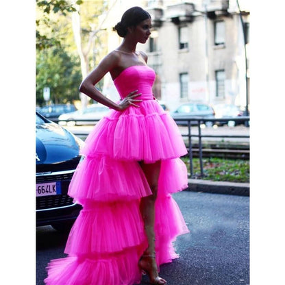 PM032,Hot pink tulle prom dresses strapless high low evening formal dress