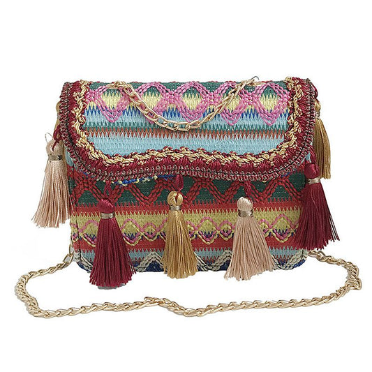 Sac bandoulière à pompons de style ethnique avec chaîne décorative 