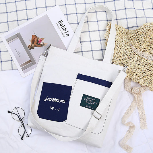 Block Color Large Capacity Canvas Zipper Shoulder Bag