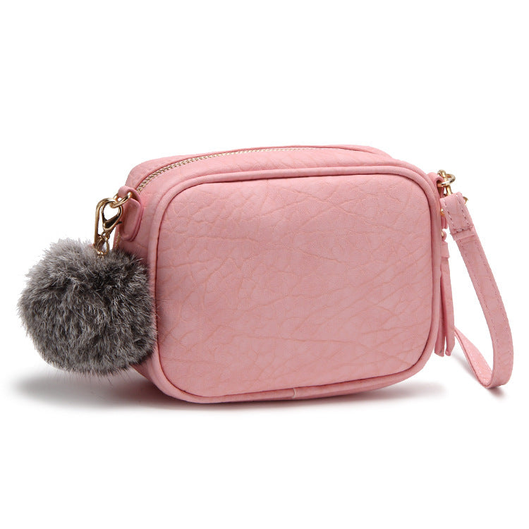Fashion Women Pompon PU Zipper Crossbody Bag