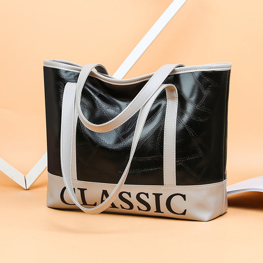 Women Leisure Letter Print Block Color Tote Bag