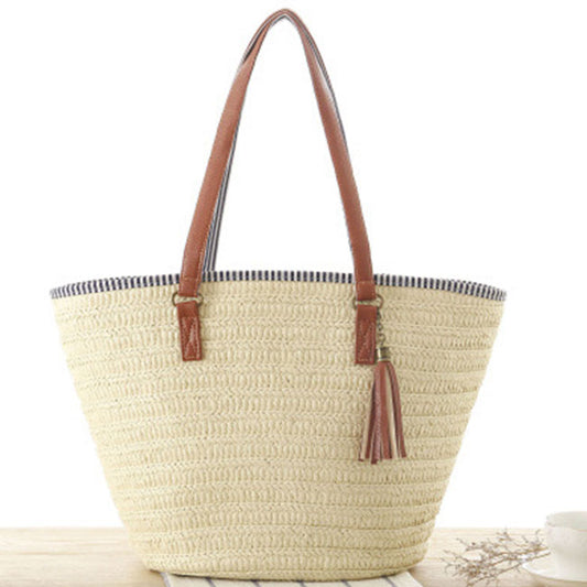 Women Fashion Tassel Pendant Woven Tote Bag