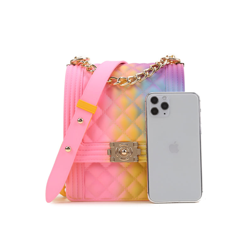 Women Fashion Gradient Color Metal Chain Crossbody Jelly Mini Bag
