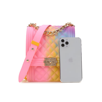 Women Fashion Gradient Color Metal Chain Crossbody Jelly Mini Bag