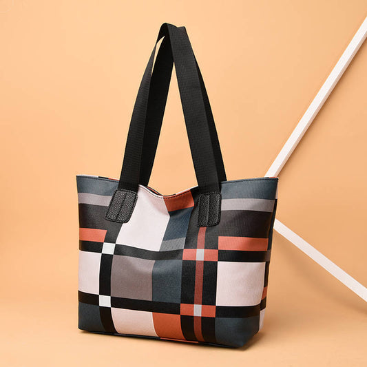 Women Leisure Contrast Plaid Pattern PU Tote Bag