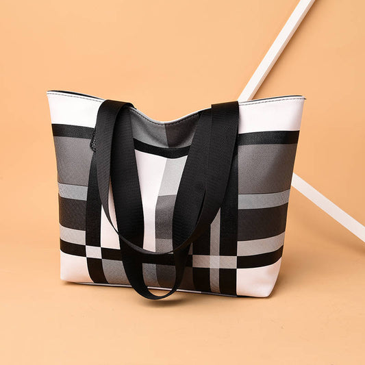 Women Leisure Contrast Plaid Pattern PU Tote Bag