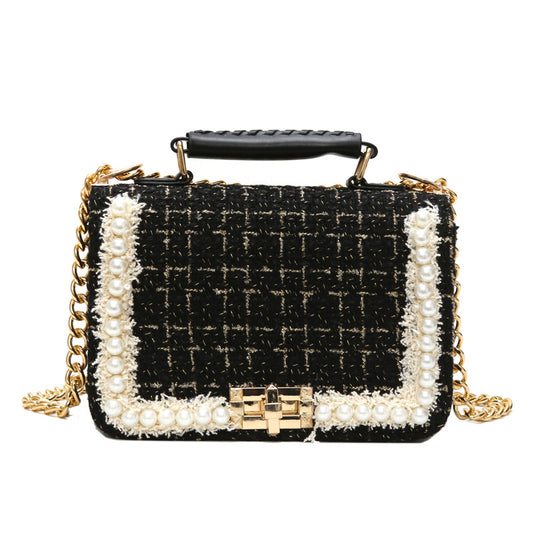 Women Fashion Pearl Decoration Elegant Chain Square Bag
