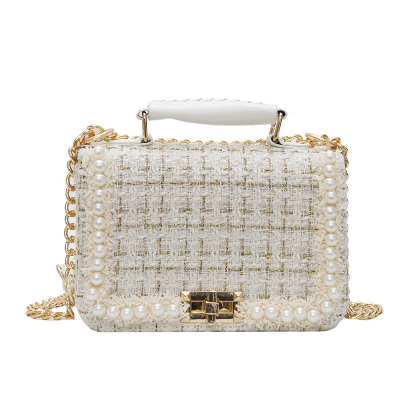 Women Fashion Pearl Decoration Elegant Chain Square Bag