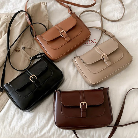 Women Vintage Solid Color Belted Leisure Crossbody Bag