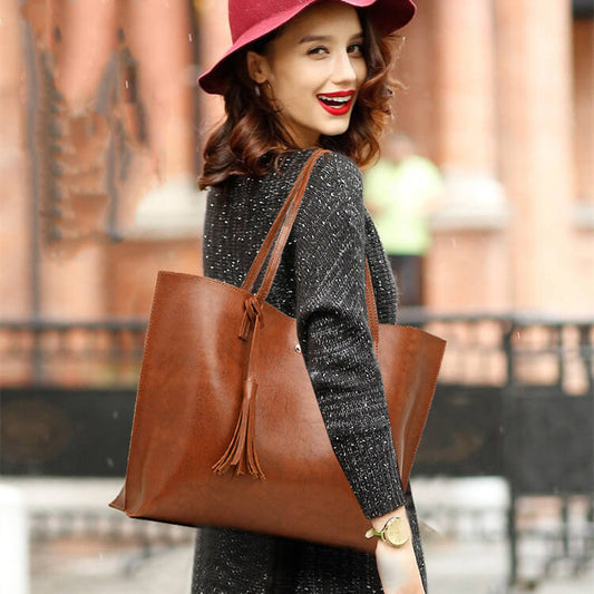 Women Fashion Solid Color Tasseled PU Handle Bag