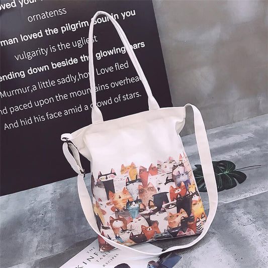Sac à bandoulière en toile imprimé chats de dessin animé pour femme 