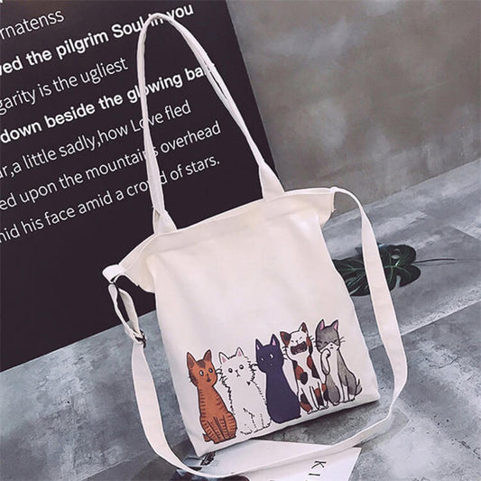 Sac à bandoulière en toile imprimé chats de dessin animé pour femme 
