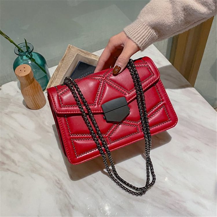 Women Fashion Metal Chain Rivet Decor Crossbody Square Bag
