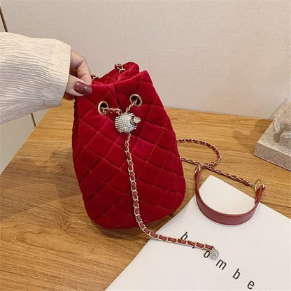 Women Fashion Solid Color Velvet Metal Chain Bucket Mini Bag