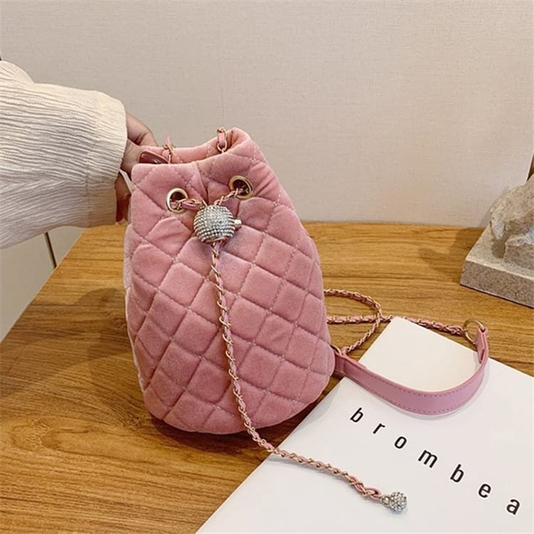 Women Fashion Solid Color Velvet Metal Chain Bucket Mini Bag