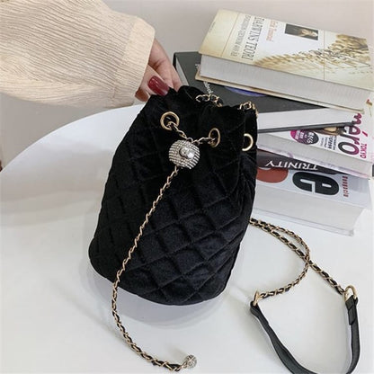 Women Fashion Solid Color Velvet Metal Chain Bucket Mini Bag