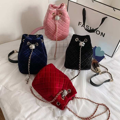 Women Fashion Solid Color Velvet Metal Chain Bucket Mini Bag
