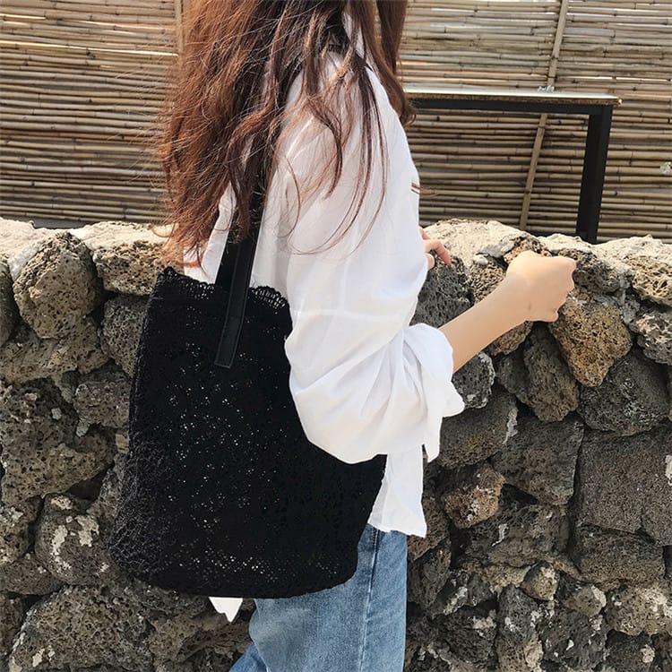 Sac seau grande capacité en dentelle de couleur unie pour femme 