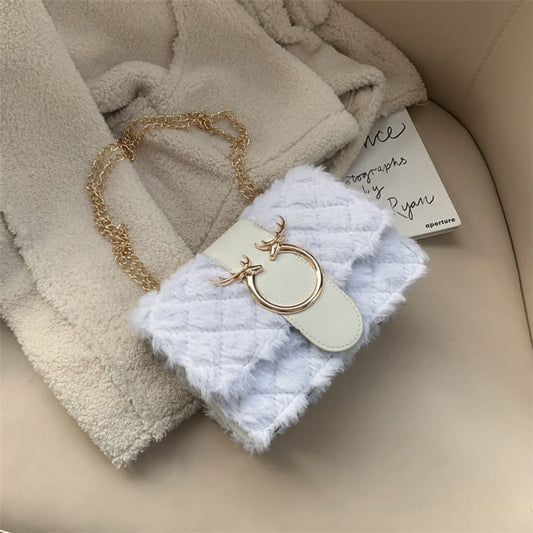 Women Fashion Solid Color Metal Decoration Plush Chain Crossbody Bag
