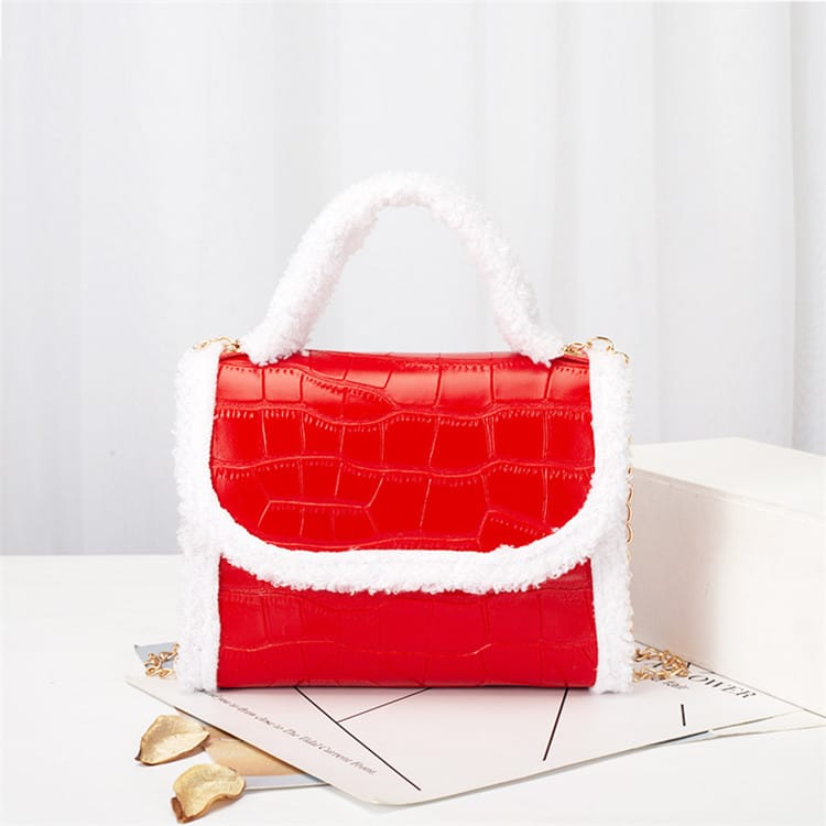 Women Plush Patchwork Crocodile Pattern Chain Crossbody Bag