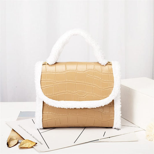 Women Plush Patchwork Crocodile Pattern Chain Crossbody Bag