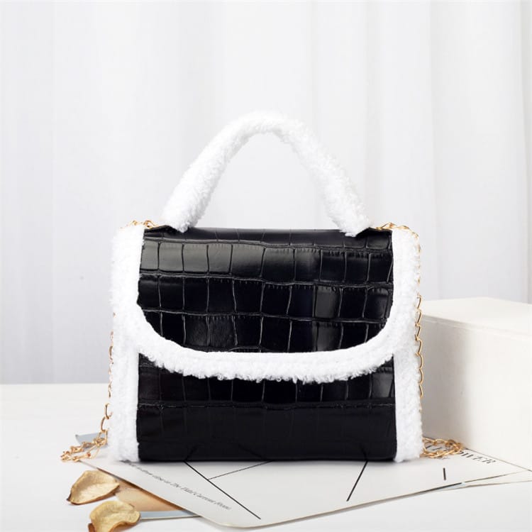 Women Plush Patchwork Crocodile Pattern Chain Crossbody Bag