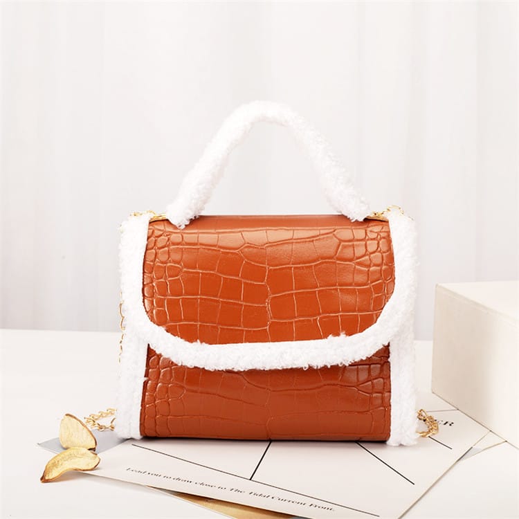 Women Plush Patchwork Crocodile Pattern Chain Crossbody Bag
