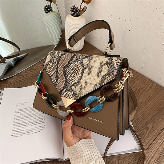 Women Fashion Color Blocking Snakeskin Pattern Crossbody Bag