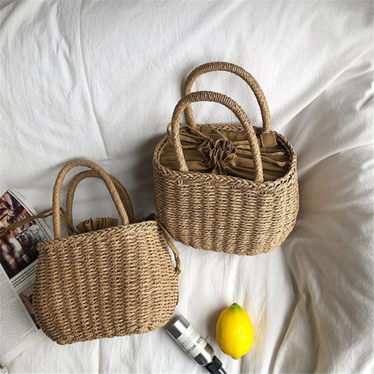 Women Fashion Solid Color Straw Woven Handle Bag