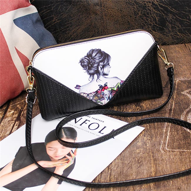 Women Fashion Color Blocking Printed Patchwork Zipper Square Crossbody Bag