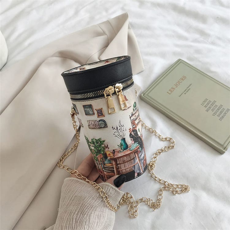 Women Cartoon Printed Color Blocking Zipper Crossbody Bag