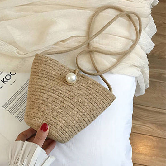 Sac seau tissé en imitation de perles de couleur unie pour femme 