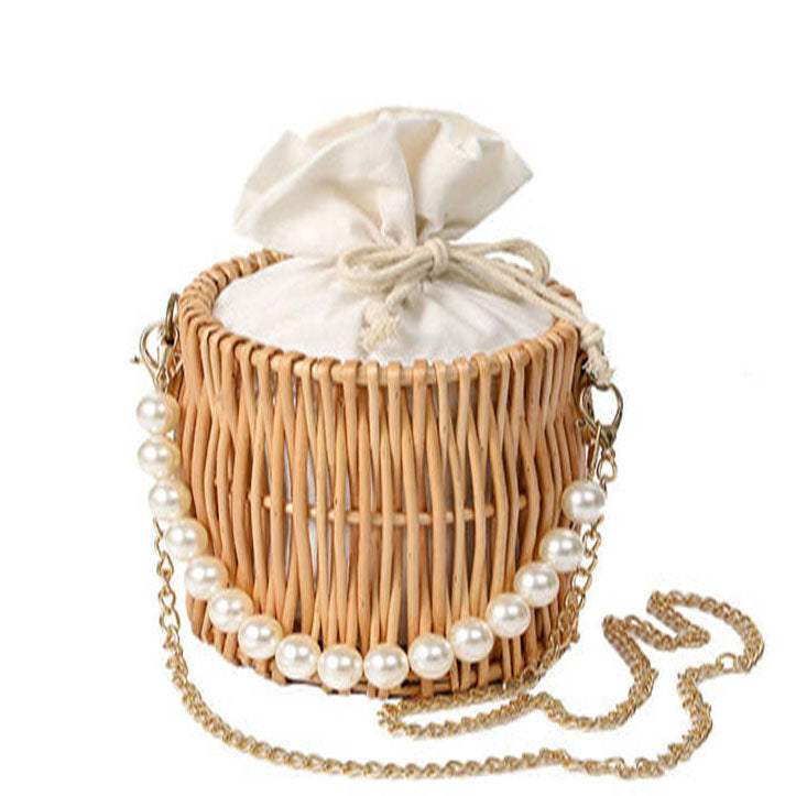 Women Unique Pearl Strap Woven Bucket Bag