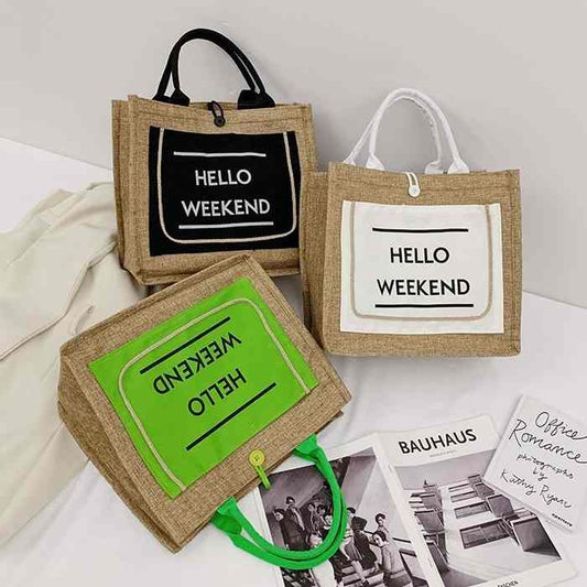 Women Color Blocking Letter Printed Woven Tote Bag