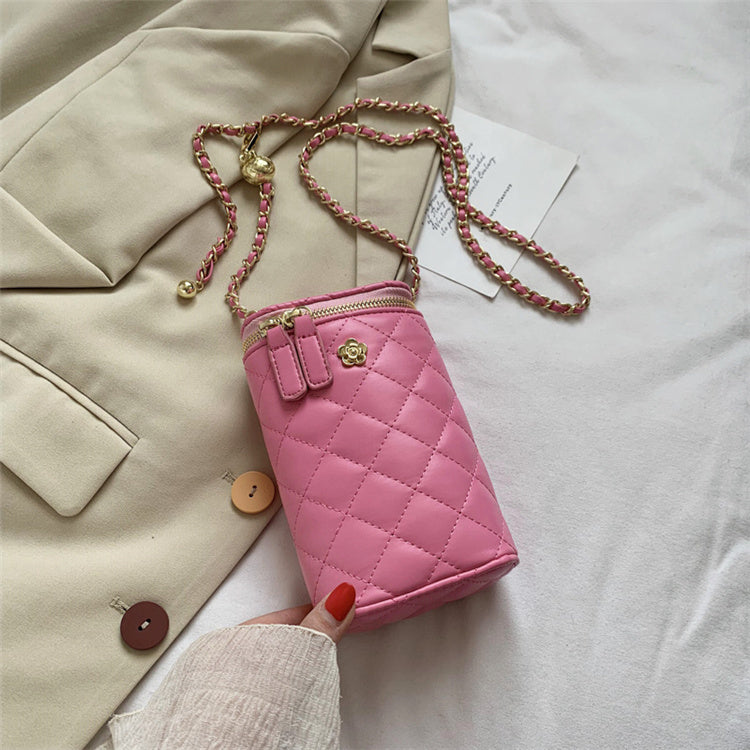 Women Simple Metal Decorative Zipper Rhombic Grid Crossbody Bag