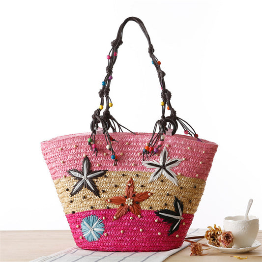 Women Bohemian Handwork Embroidered Starfish Straw Woven Shoulder Bag
