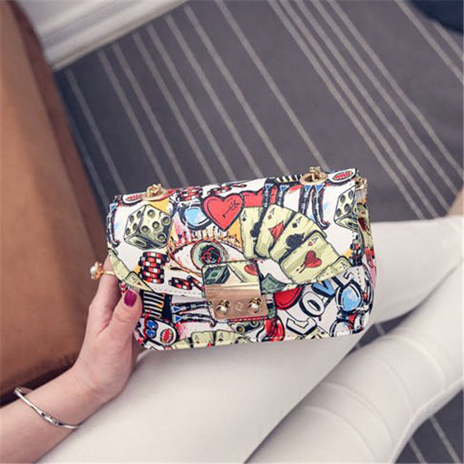 Sac à bandoulière à rabat et chaîne en métal pour femme, imprimé poker, motif dessin animé, couleurs contrastées 