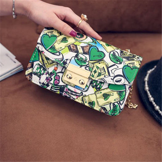 Sac à bandoulière à rabat et chaîne en métal pour femme, imprimé poker, motif dessin animé, couleurs contrastées 