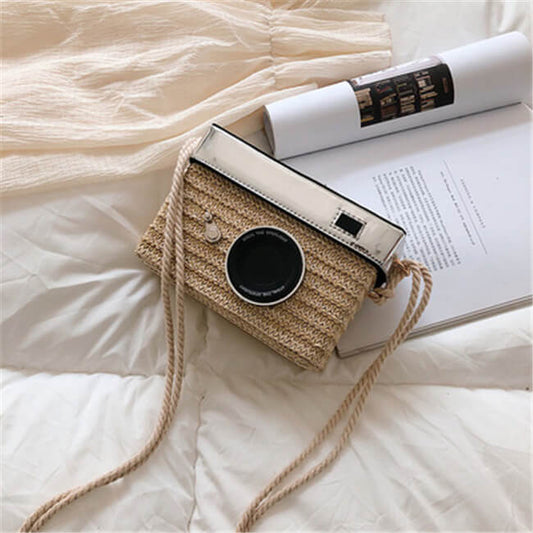 Women Fashion Woven Camera Square Shape Crossbody Bag