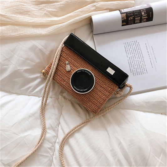 Women Fashion Woven Camera Square Shape Crossbody Bag