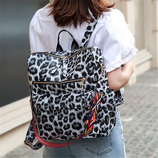 Women Fashion Leopard Printed Multi-Pocket Large Capacity Backpack