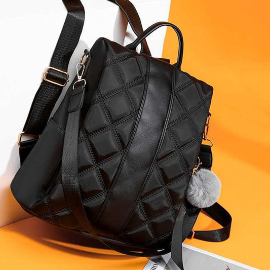 British Style Rhombus Pattern Fluffy Ball Decor Casual Backpack