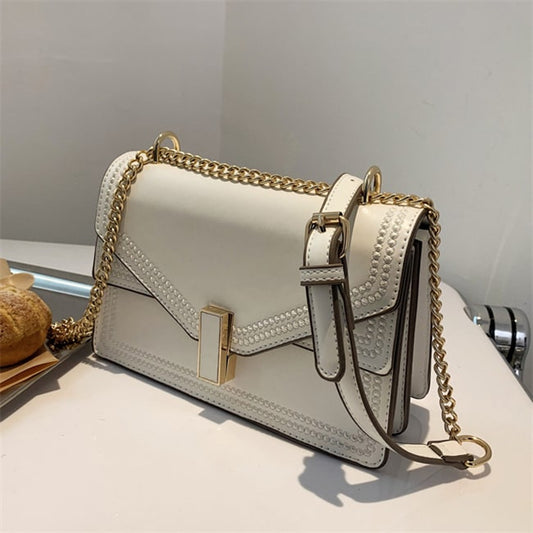Women Fashion Solid Color Patchwork Metal Chain Crossbody Bag