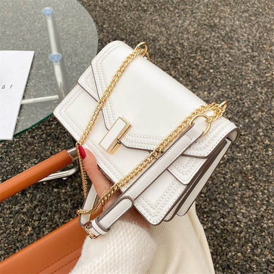 Women Fashion Solid Color Patchwork Metal Chain Crossbody Bag